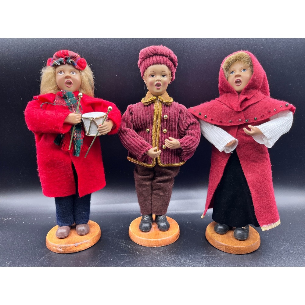 Vtg Set of 3 Caroler‎ Set Christmas Figurines Drummer Boy Singer 9.5" Wood Base